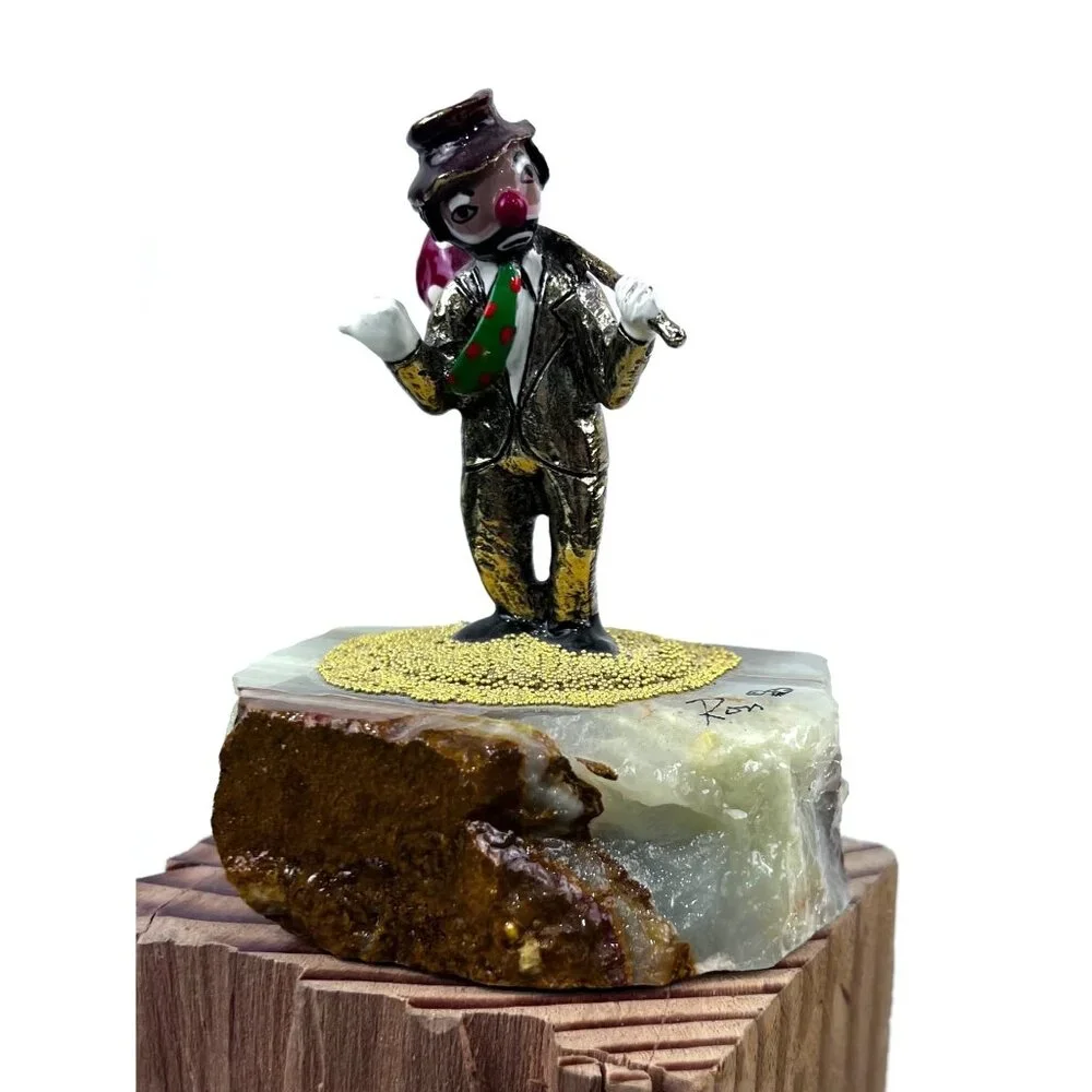 Handcrafted Metal Hobo Clown Figurine Stone Base 24K Gold Detailing '83 Ron Lee - Picture 1 of 10